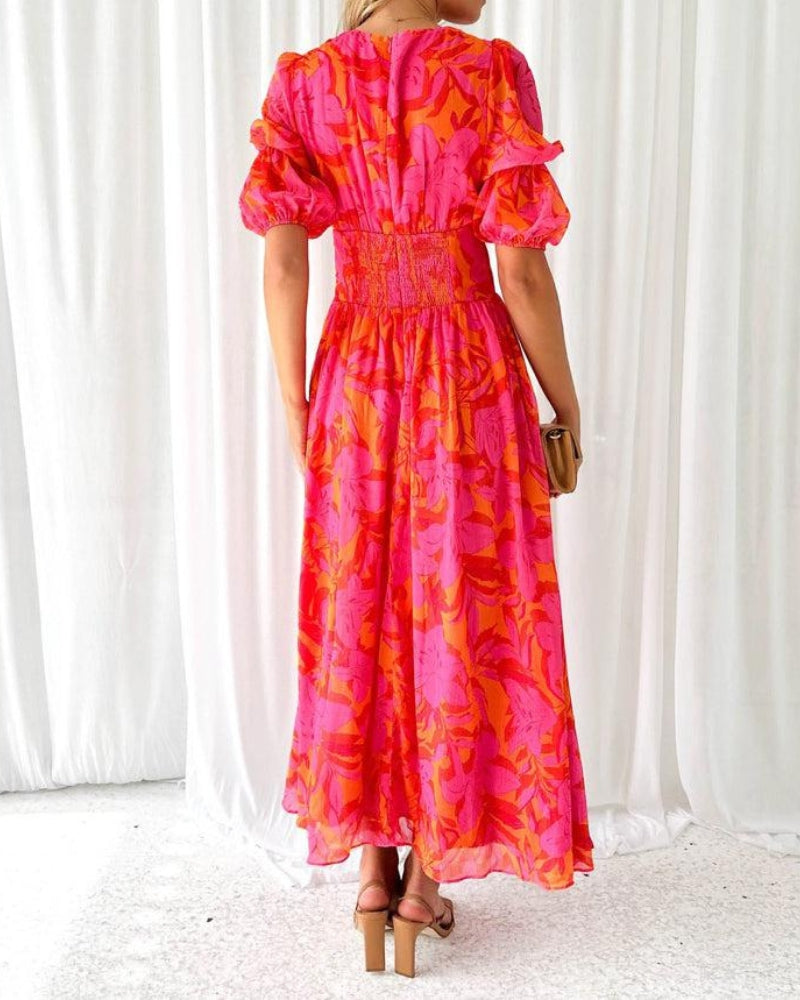 Dorothy Women’s V-Neck Dress – Elegant Flowy Dress with Puff Sleeves in Rose Pink