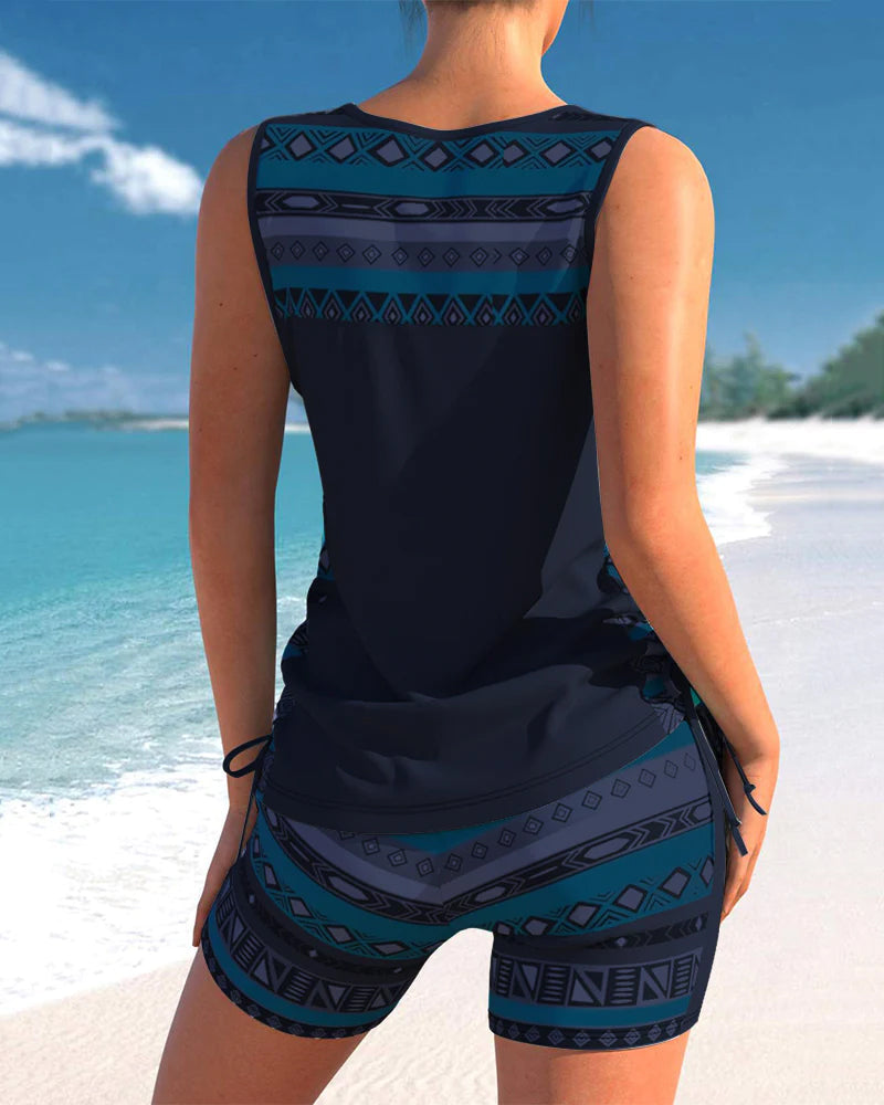 Bienna Women’s Tankini Set – Geometric Swimwear with Built-In Support & Shorts