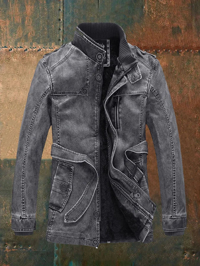 Lucien Men's Vintage Leather Jacket – Classic Buttoned Jacket with Warm Lining
