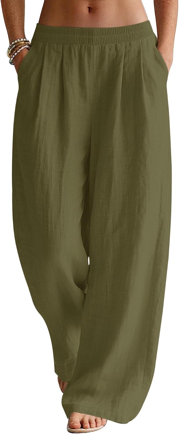 Seraphina Linen Blend Wide Leg Summer Trousers with Elastic Waist and Side Pockets