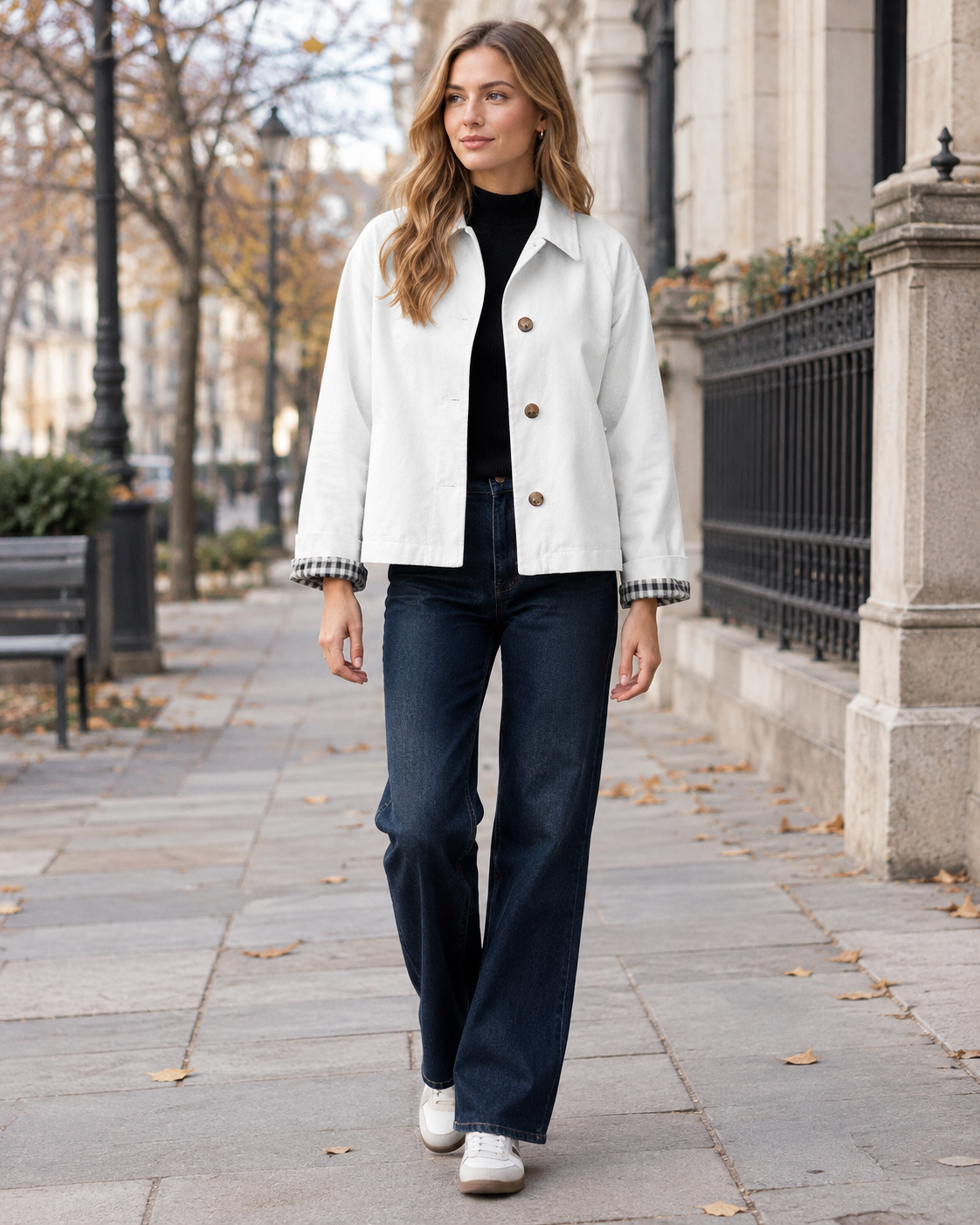Daphne Women's Short-Length Lightweight Trench Jacket Finished with Plaid Lining and Side Pockets