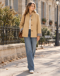 Lianne Women's Button-Front Cropped Trench Jacket - Ruffle Collar and Plaid Cuffs