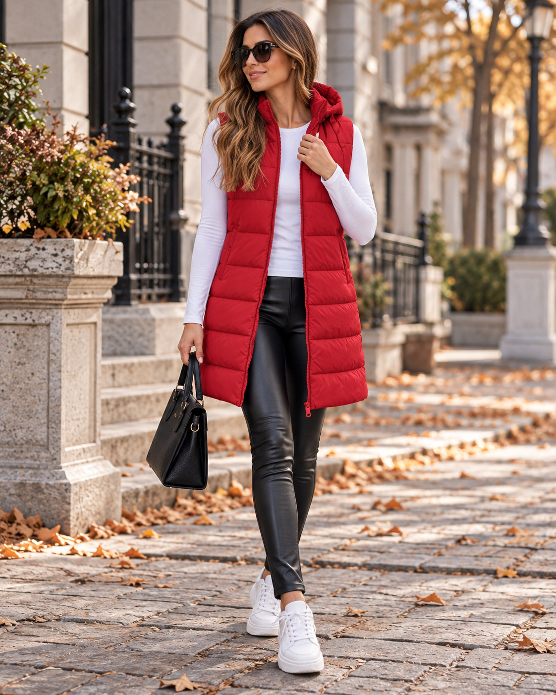 Pauline Women's Quilted Hooded Puffer Vest – Long Zip-Up Front with Side Slits Detail