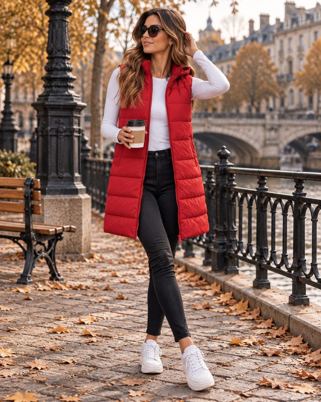 Pauline Women's Quilted Hooded Puffer Vest – Long Zip-Up Front with Side Slits Detail
