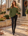 Kaia Women's Oversized Off-Shoulder Top with Asymmetric Design – Long Sleeve Casual Shirt
