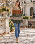 Gianna Women's Long Sleeve V-Neck Henley Tunic Top – Pleated Colorblock Design