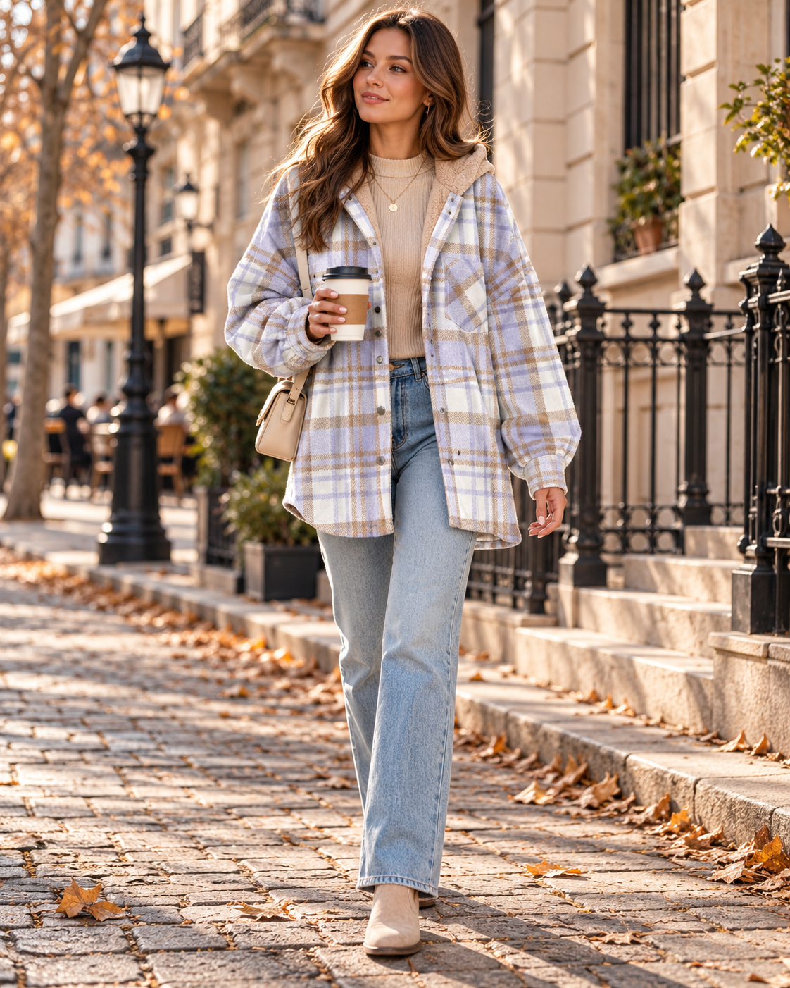 Yana Women's Plaid Generous Oversize Hooded Flannel Shacket Finished with Button Front and Chest Pocket