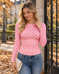 Camille Women's Fitted Polka Dot Long-Sleeve Top - Crew Neck and Stretch Fabric Design