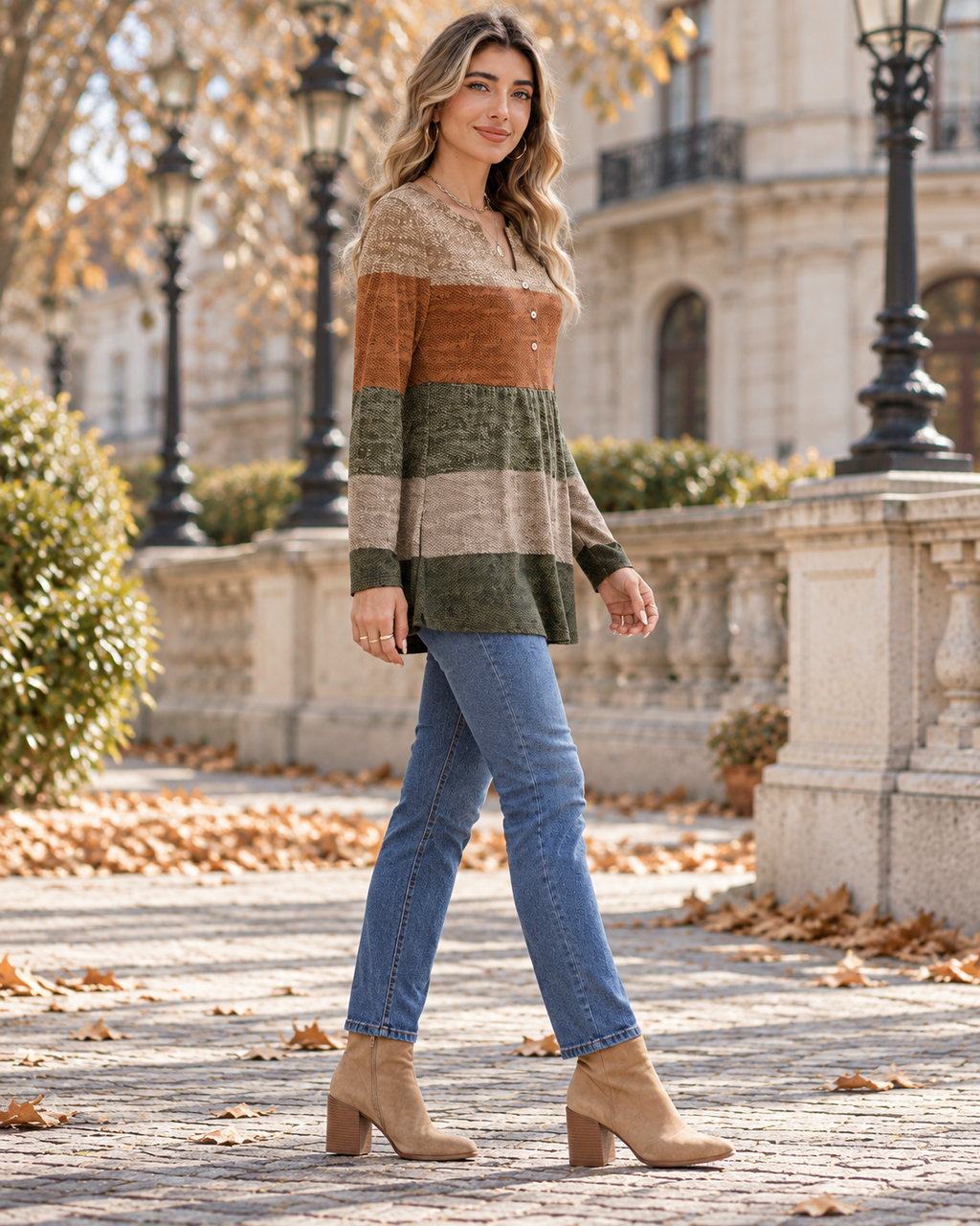 Gianna Women's Long Sleeve V-Neck Henley Tunic Top – Pleated Colorblock Design