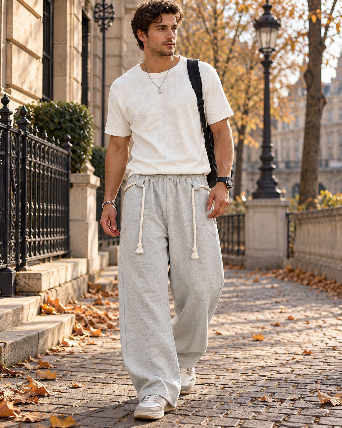 Paolo Men’s Baggy Barrel Wide Leg Sweatpants with Decorative Rope and Side Pockets