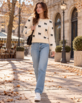 Celine Women's Short-Length Crewneck Knit Sweater Finished with Bow Print and Ribbed Trim