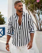 James Men’s Linen Shirt – Blue White Striped Cotton Blend Summer Casual Shirt