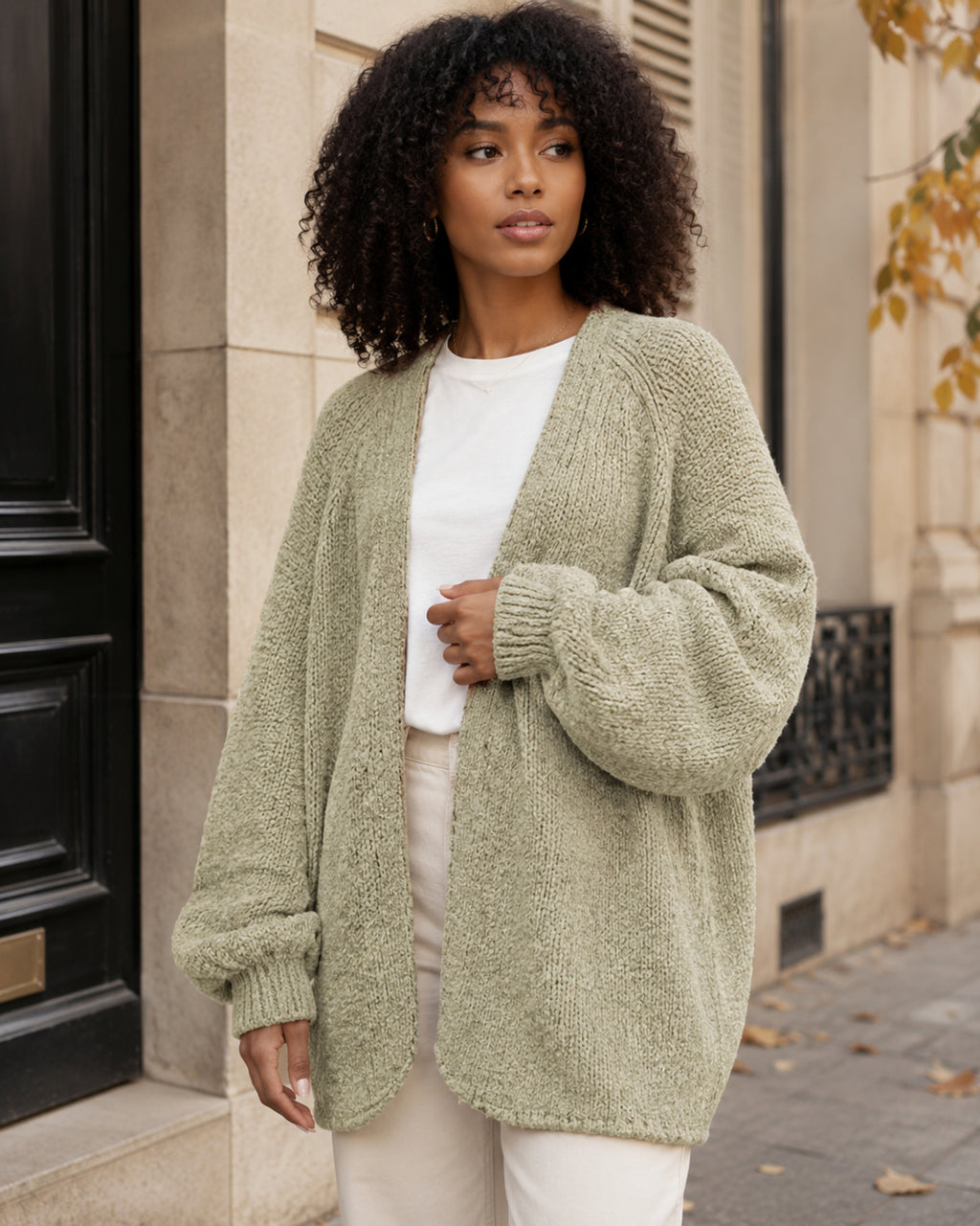 Sabrina - Oversized Open Front Chunky Knit Cardigan with Lantern Sleeves for Women