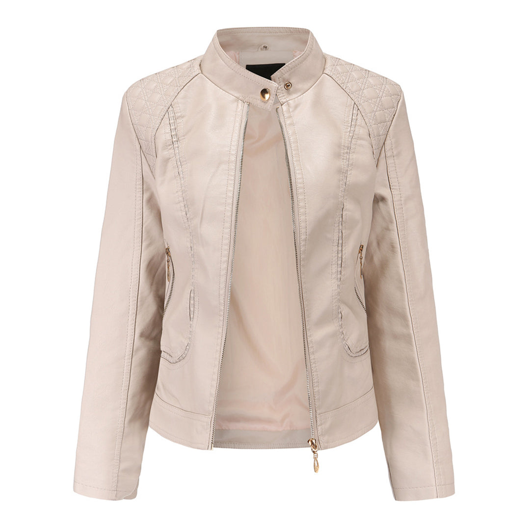 Sienna Women's Genuine Leather Jacket – Stand Collar Moto Jacket with Zip Details & Modern Tailored Fit