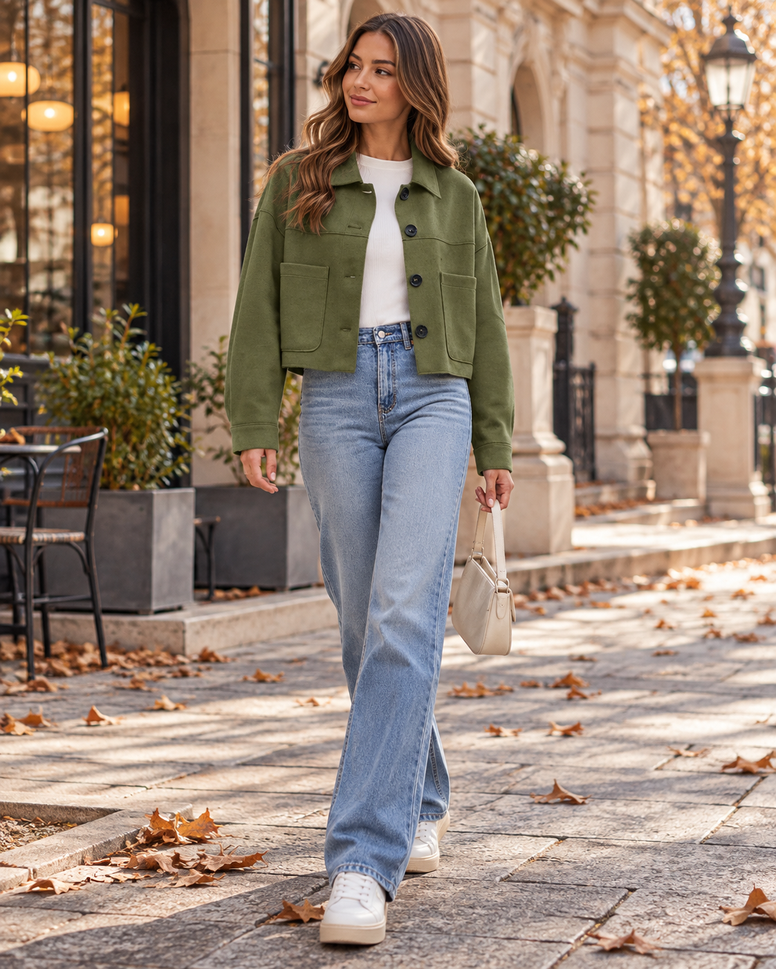 Valeria Women's Cropped Suede-Look Jacket – Button Front Long Sleeve Coat with Pockets
