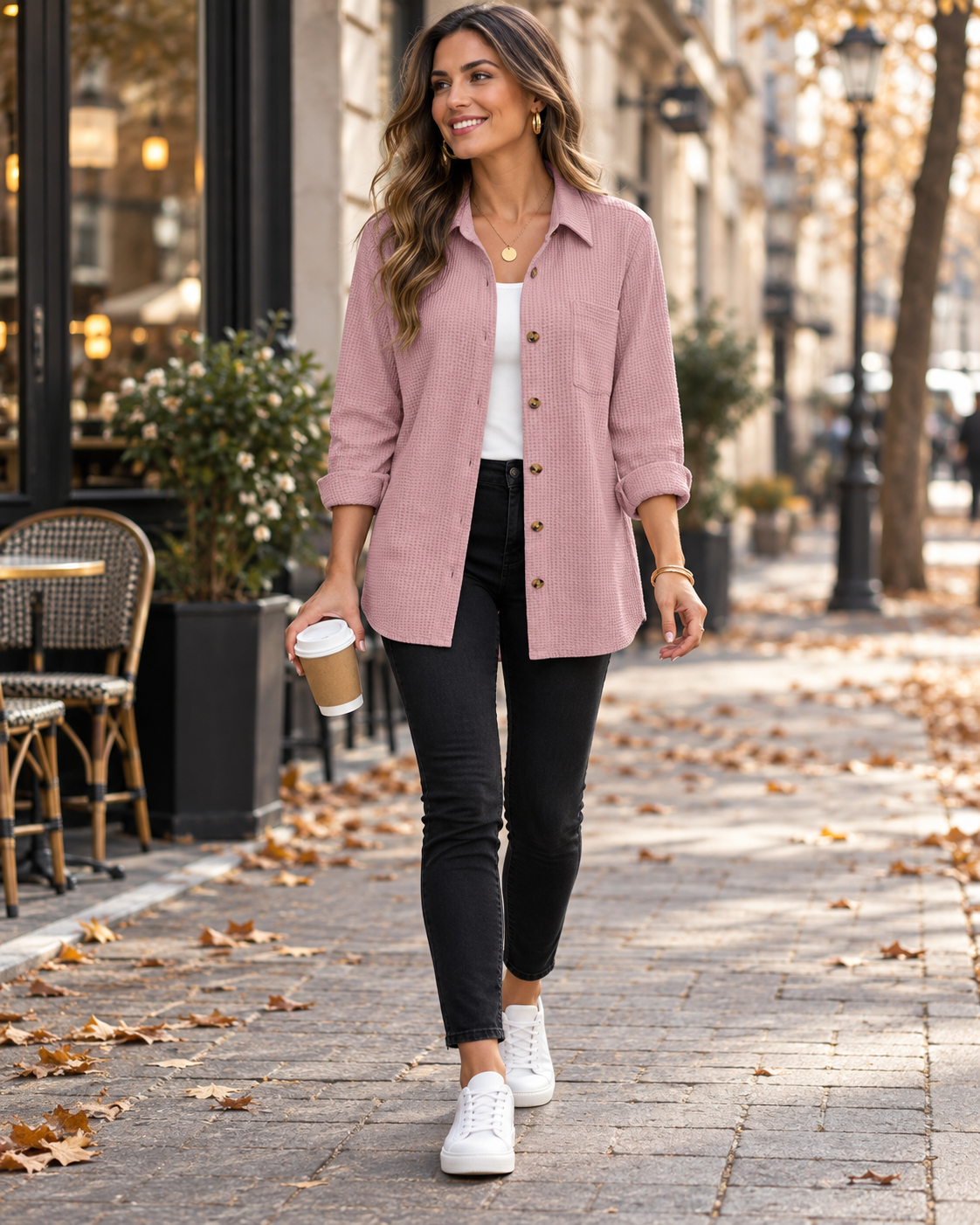 Danica Women's Waffle Knit Long Sleeve Shirt – Relaxed Button Down with Chest Pocket