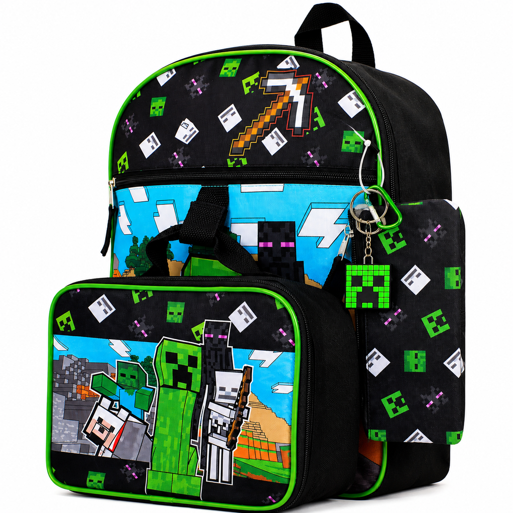 Uma Kids 5-Piece Pixel Adventure School Backpack Set with Lunch Bag and Pencil Case