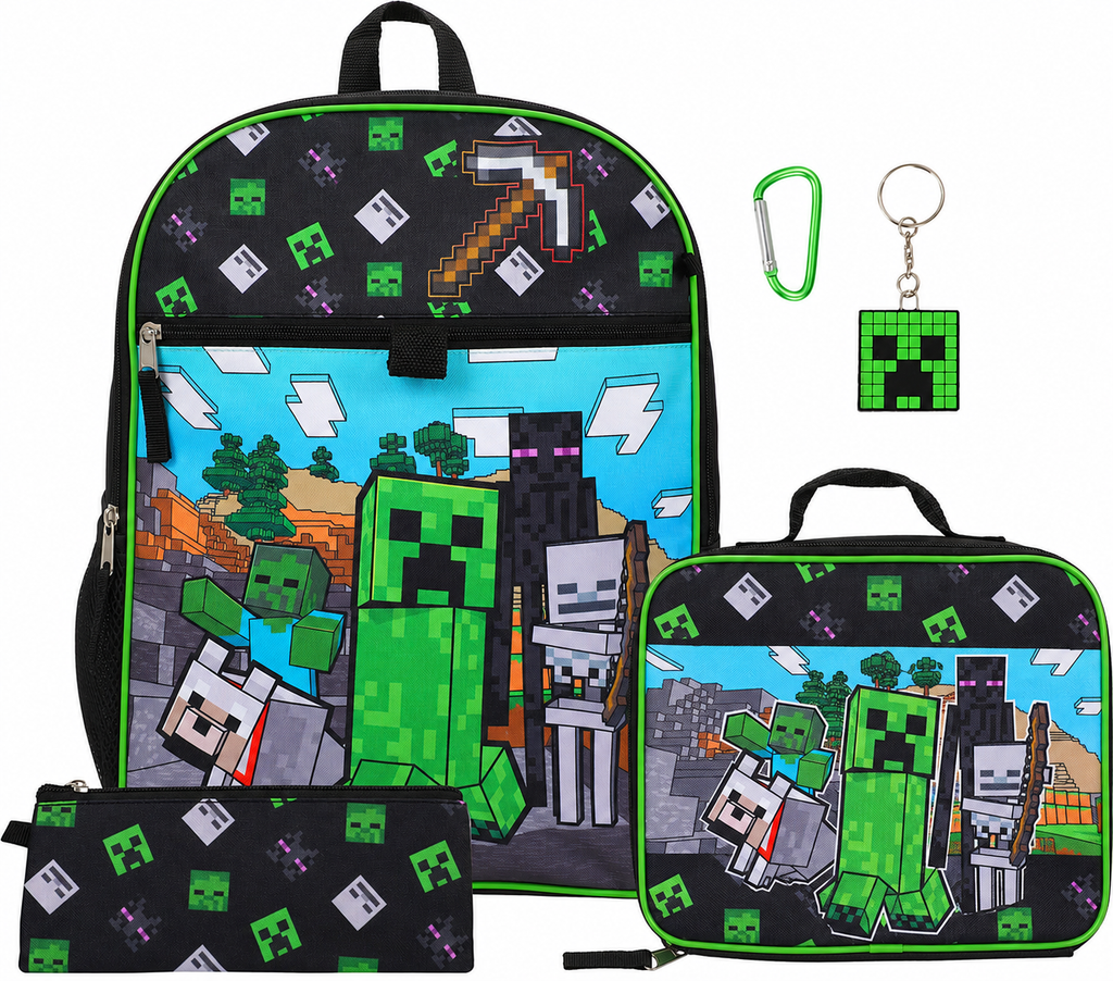 Uma Kids 5-Piece Pixel Adventure School Backpack Set with Lunch Bag and Pencil Case