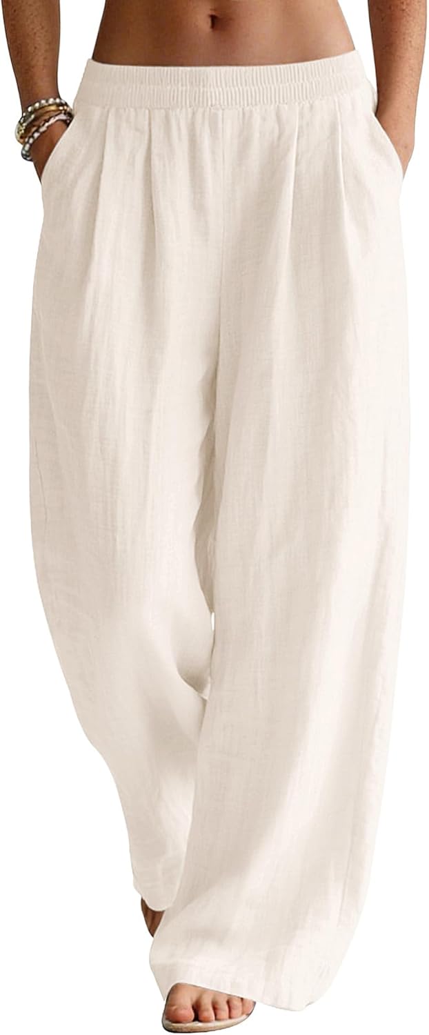 Seraphina Linen Blend Wide Leg Summer Trousers with Elastic Waist and Side Pockets