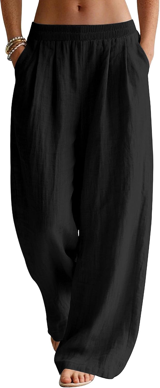 Seraphina Linen Blend Wide Leg Summer Trousers with Elastic Waist and Side Pockets
