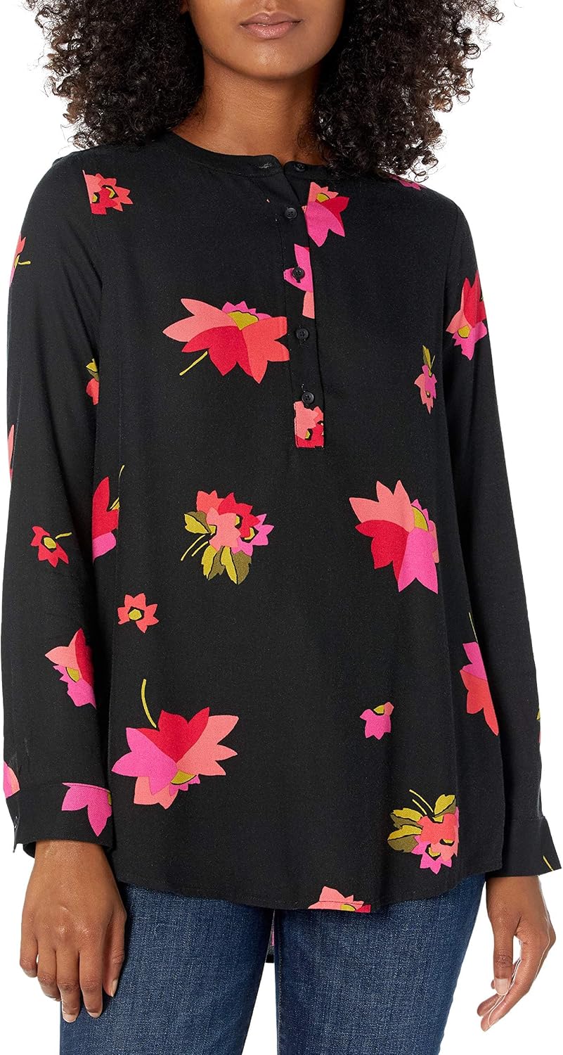 Marceline Women's Printed Long Sleeve Popover Blouse in Lightweight Viscose Relaxed Fit