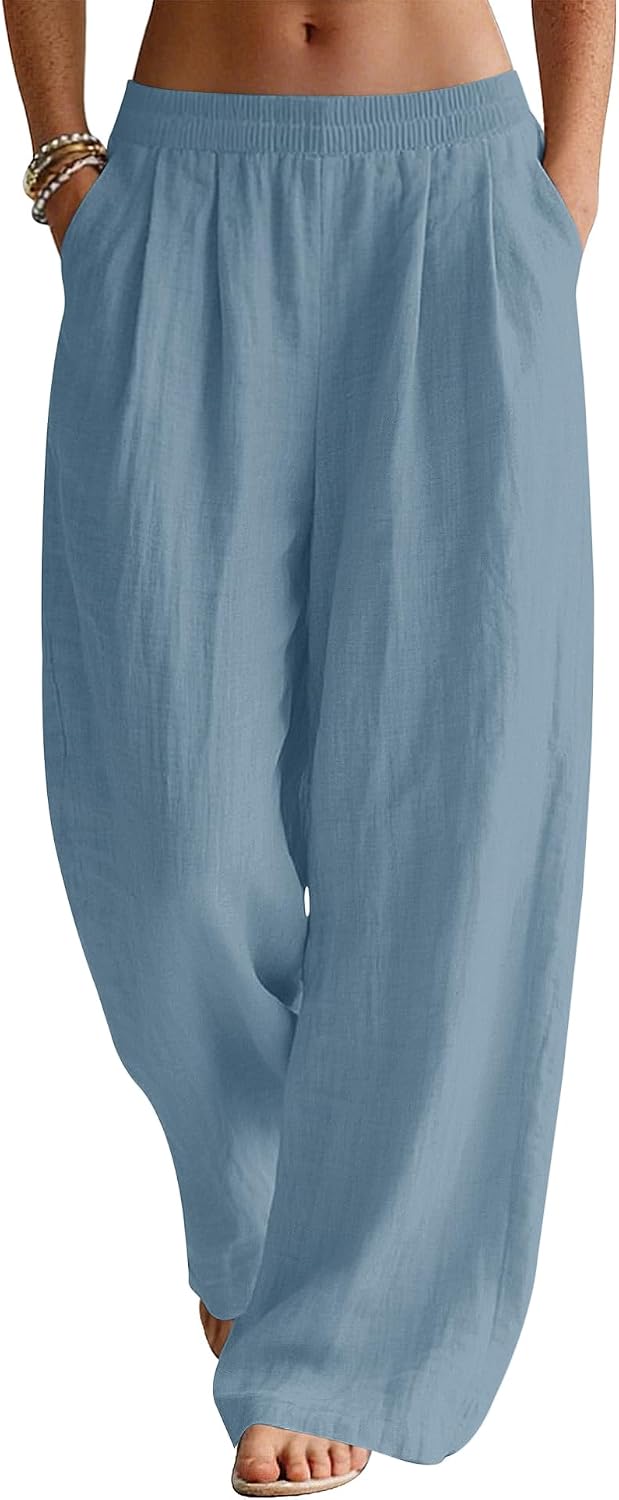 Seraphina Linen Blend Wide Leg Summer Trousers with Elastic Waist and Side Pockets