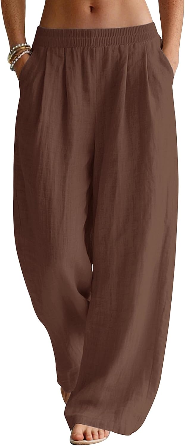 Seraphina Linen Blend Wide Leg Summer Trousers with Elastic Waist and Side Pockets
