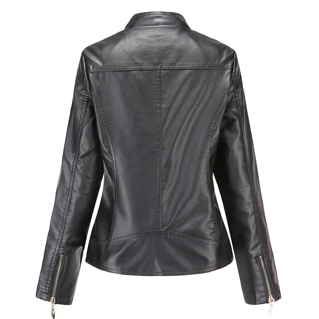 Janiyah Women’s Leather Jacket – Elegant Zip-Up Coat with Chic High Collar