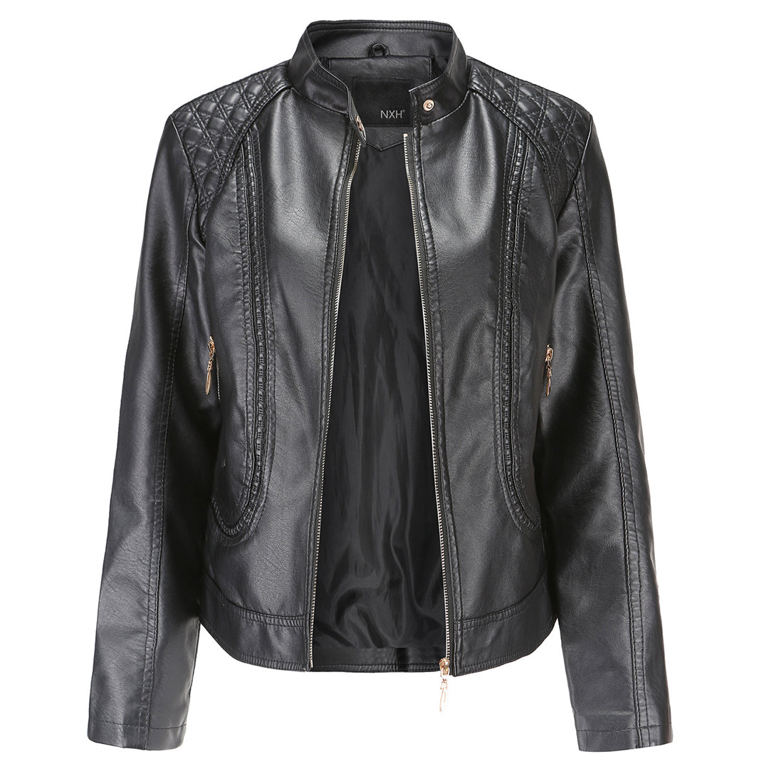 Sienna Women's Genuine Leather Jacket – Stand Collar Moto Jacket with Zip Details & Modern Tailored Fit