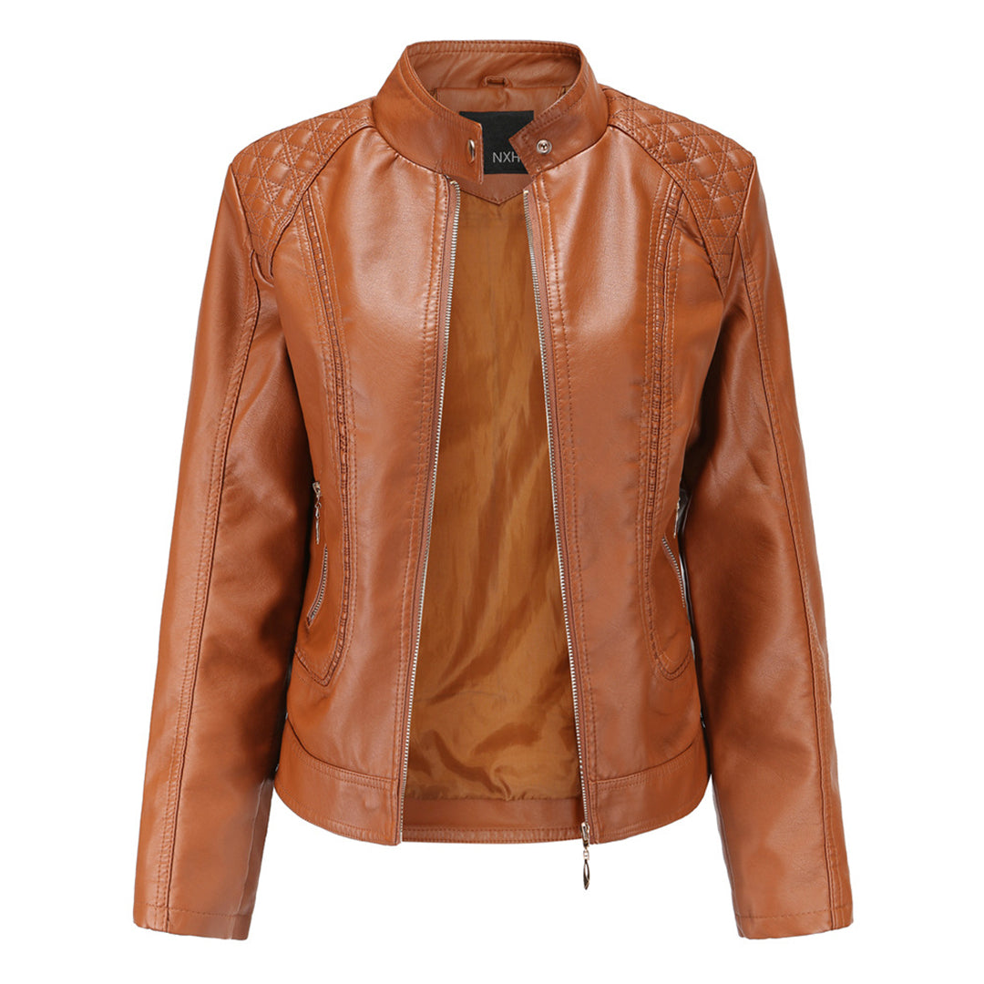 Sienna Women's Genuine Leather Jacket – Stand Collar Moto Jacket with Zip Details & Modern Tailored Fit