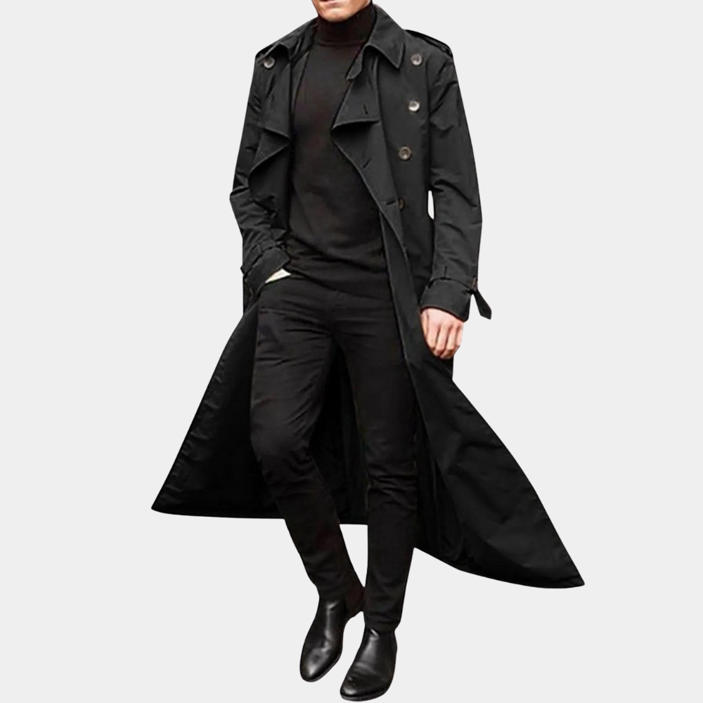 Laurence Men’s Trench Coat – Water-Repellent Long Jacket with Adjustable Sleeves