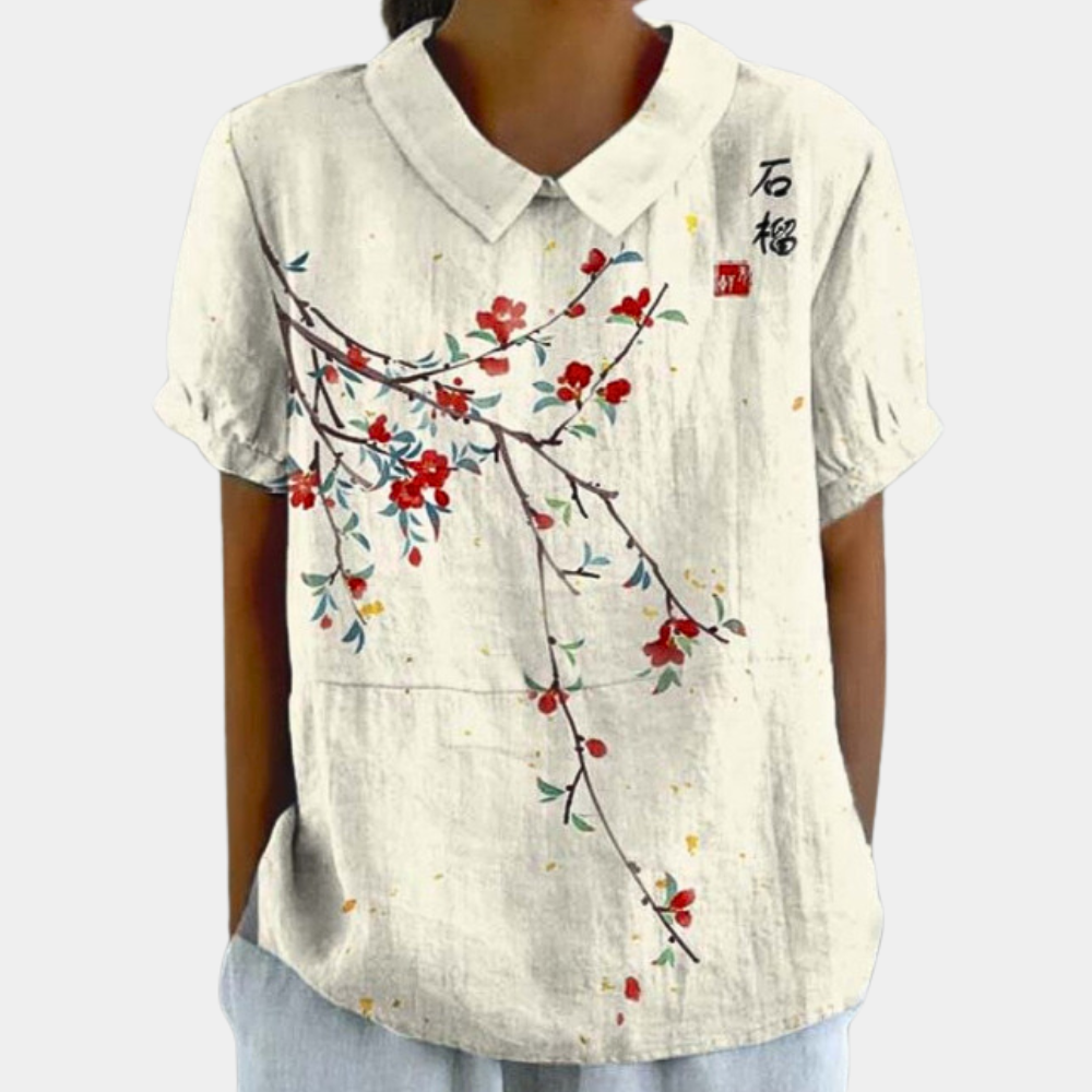 Florence Women's Floral Blouse – Casual Short Sleeve Top with Round Neck & Pastel Print