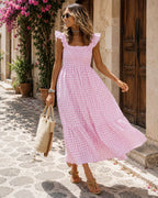 Genevieve Women's Plaid Smocked Midi Dress with Ruffle Straps, Square Neck & Pockets