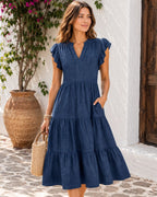 Aurelia Women's Ruffle Sleeve Tiered Midi Dress with V-Neck & Flowy Boho Silhouette