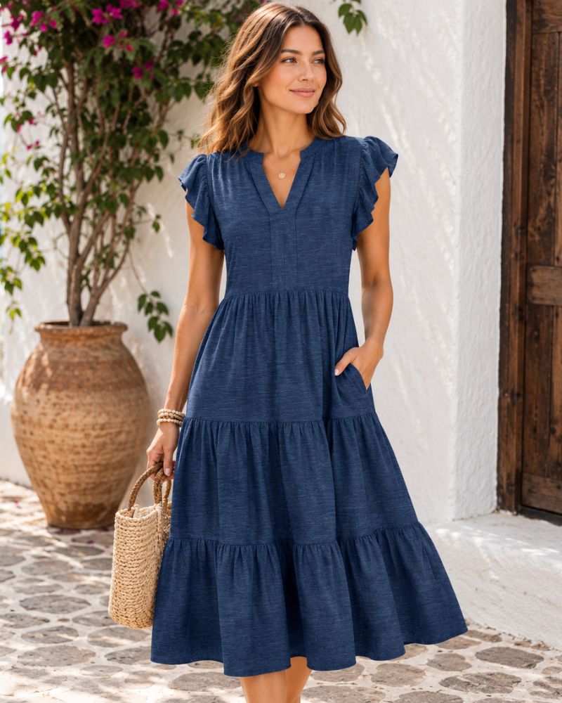 Aurelia Women's Ruffle Sleeve Tiered Midi Dress with V-Neck & Flowy Boho Silhouette