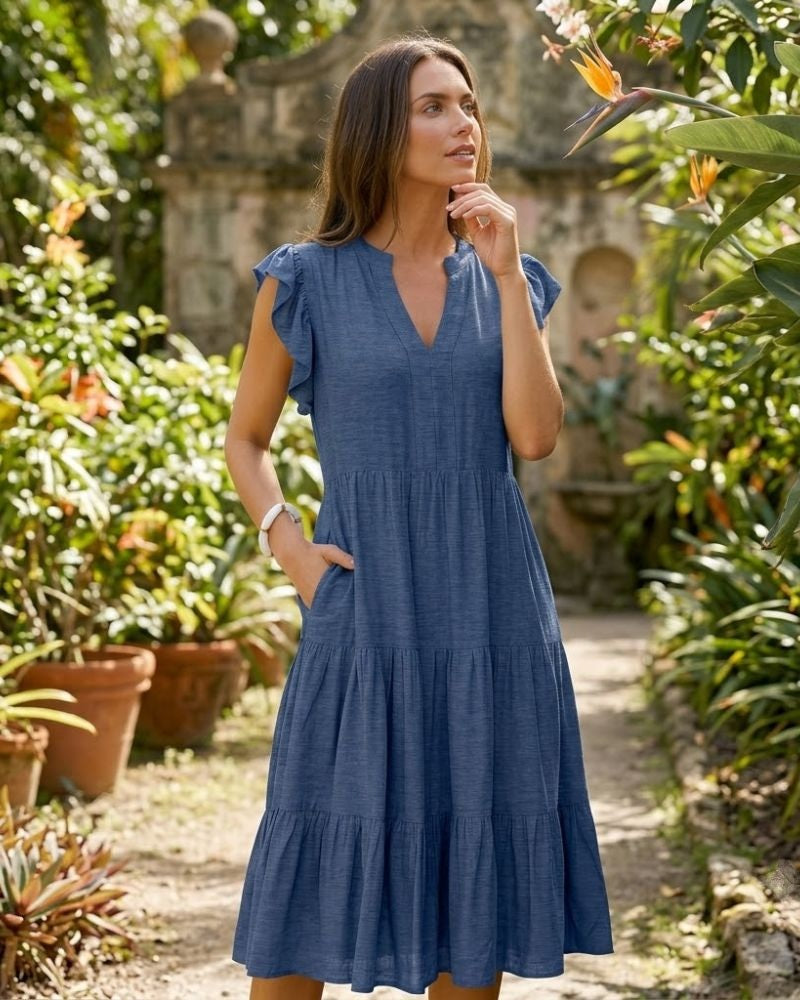 Aurelia Women's Ruffle Sleeve Tiered Midi Dress with V-Neck & Flowy Boho Silhouette