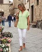 Colette Women's Henley V-Neck Tunic Top with Short Sleeves & Button Detail