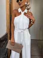 Sabine Women's Wide-Leg Jumpsuit – Sleeveless Collared Romper with Cutouts & Pockets