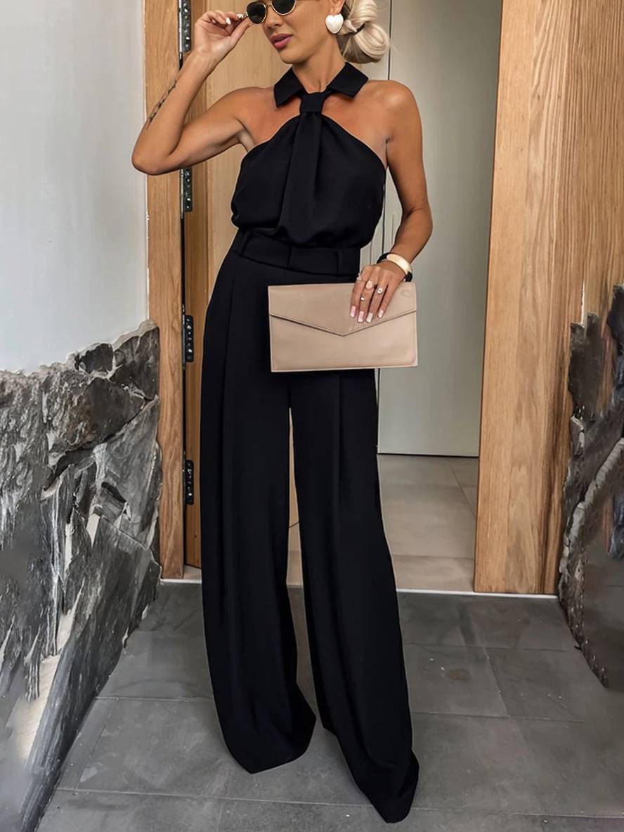 Sabine Women's Wide-Leg Jumpsuit – Sleeveless Collared Romper with Cutouts & Pockets