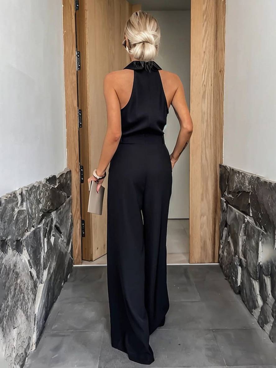 Sabine Women's Wide-Leg Jumpsuit – Sleeveless Collared Romper with Cutouts & Pockets