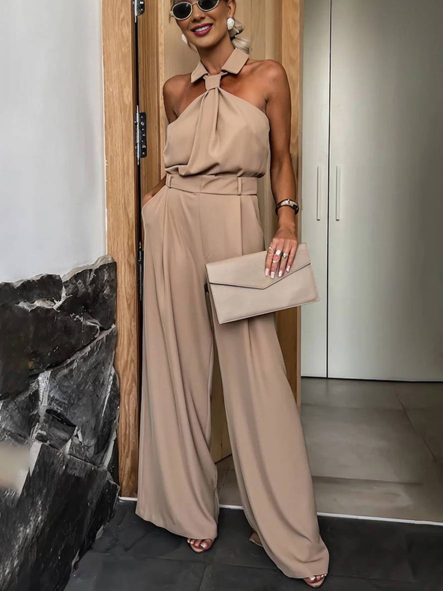 Sabine Women's Wide-Leg Jumpsuit – Sleeveless Collared Romper with Cutouts & Pockets