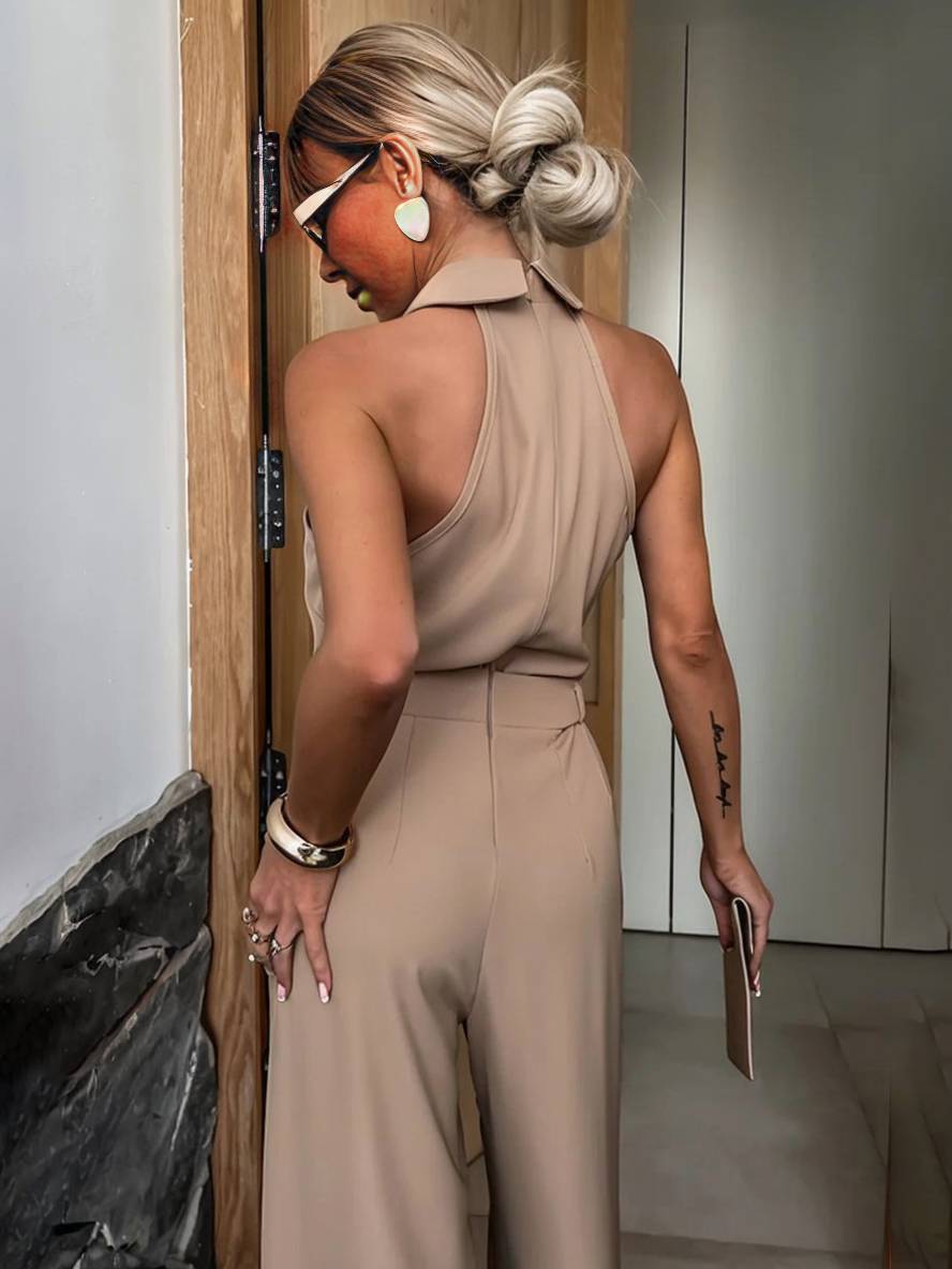 Sabine Women's Wide-Leg Jumpsuit – Sleeveless Collared Romper with Cutouts & Pockets