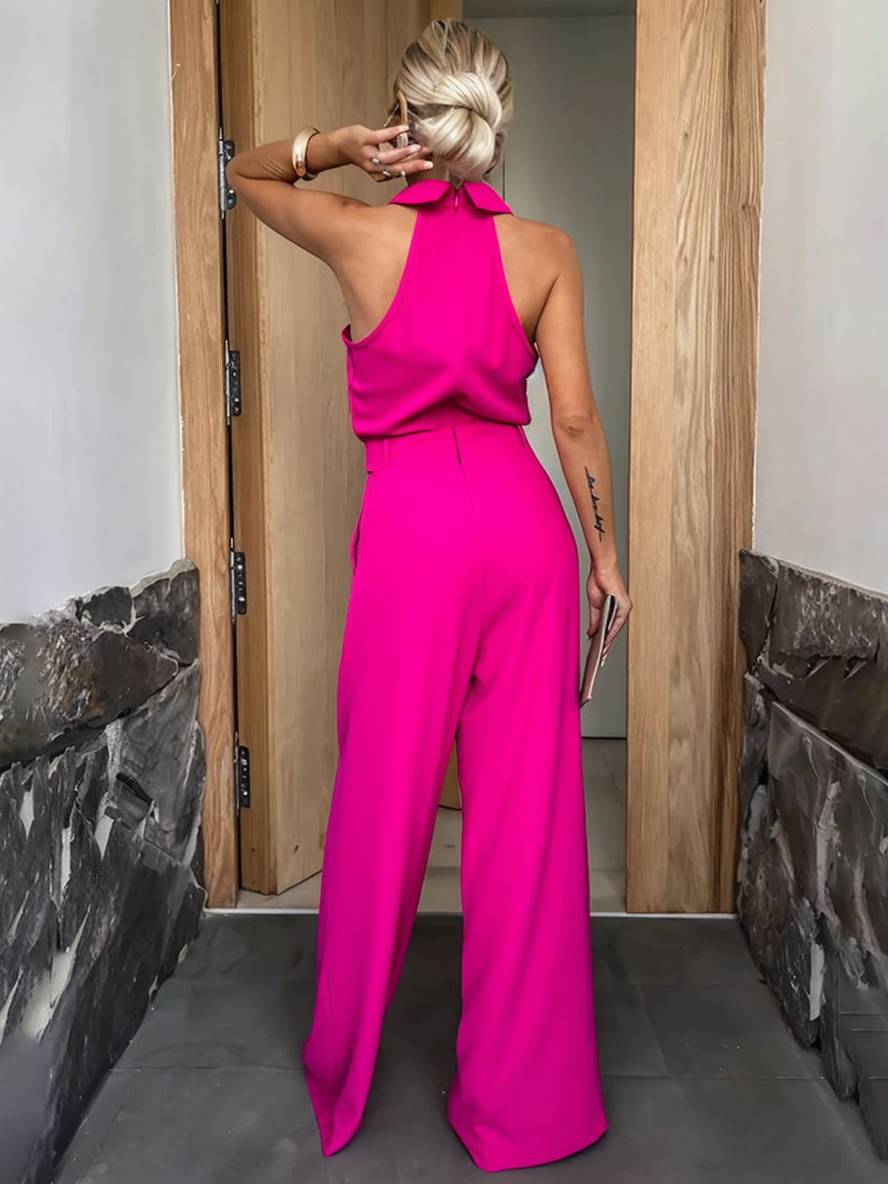 Sabine Women's Wide-Leg Jumpsuit – Sleeveless Collared Romper with Cutouts & Pockets