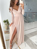 Eunice Women’s Maxi Evening Dress – Elegant V-Neck Gown with Long Sleeves & Slit