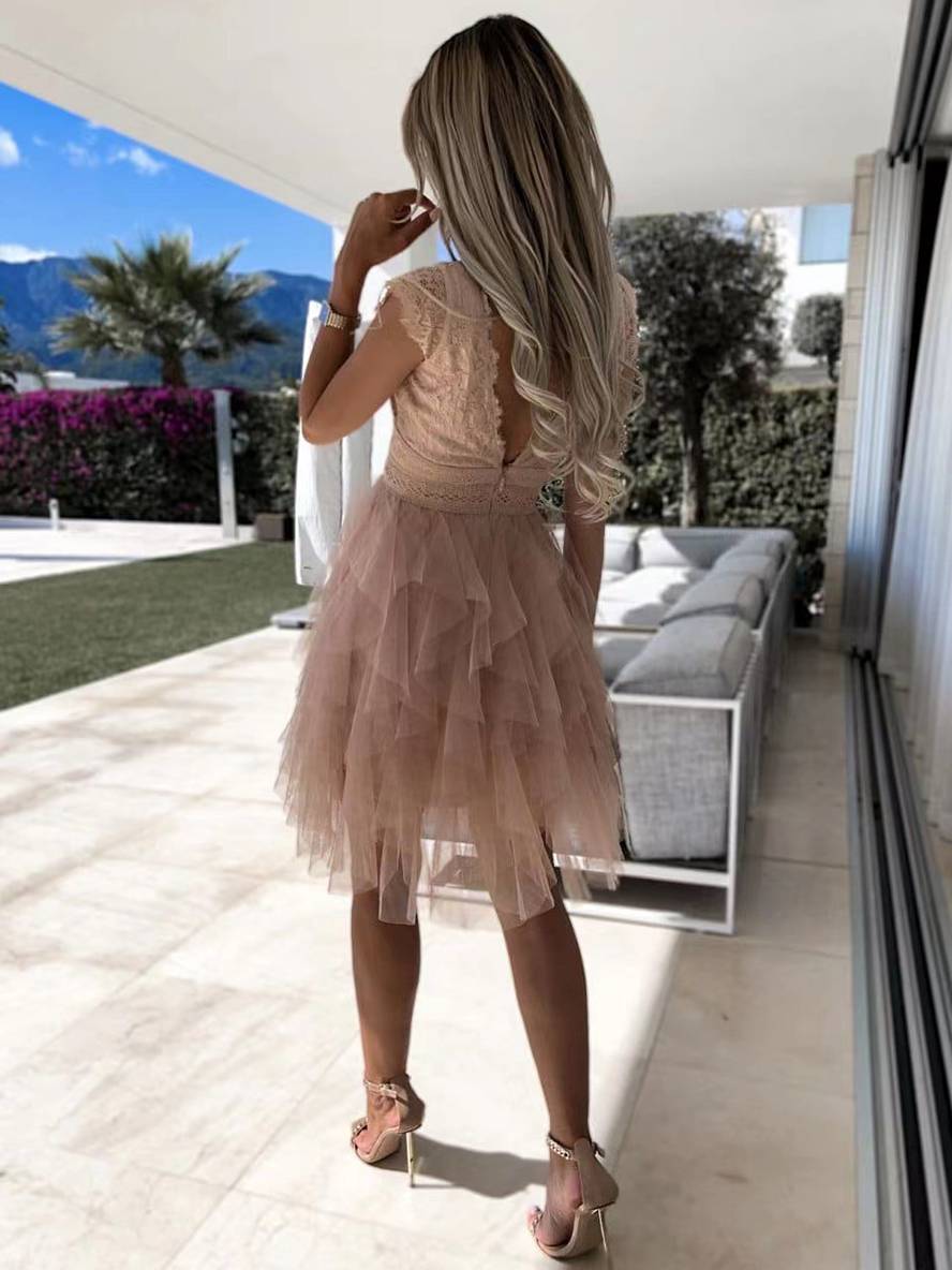 Wendy Women’s Tulle Mini Dress – Elegant V-Neck Backless Party Dress with Lace
