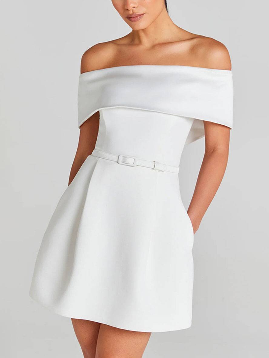 Genevieve Women's Fit & Flare Cocktail Dress – Sleeveless Boat Neck Dress with Waist Belt
