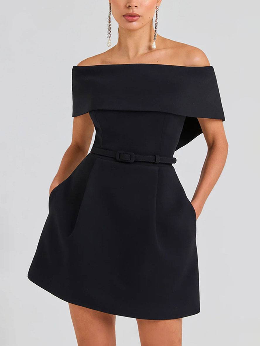 Genevieve Women's Fit & Flare Cocktail Dress – Sleeveless Boat Neck Dress with Waist Belt