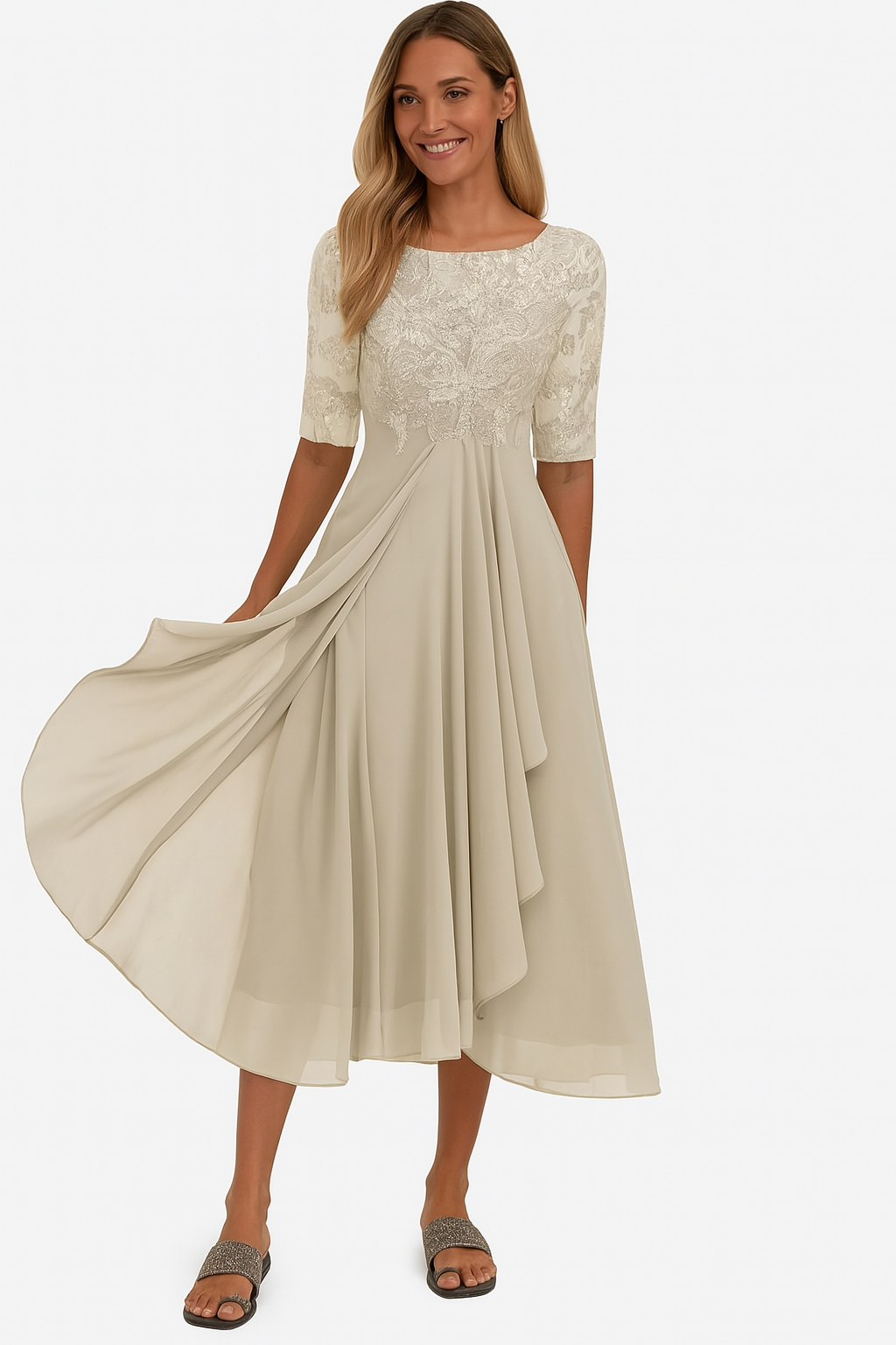Celeste Women's Lace Midi Dress – Elegant Chiffon A-Line Dress with Short Sleeves