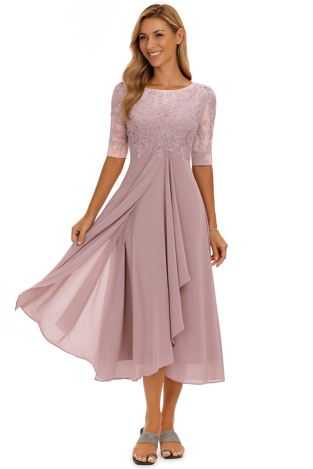 Vera Women’s Lace Dress – Elegant Chiffon A-Line Midi Dress for Weddings & Parties