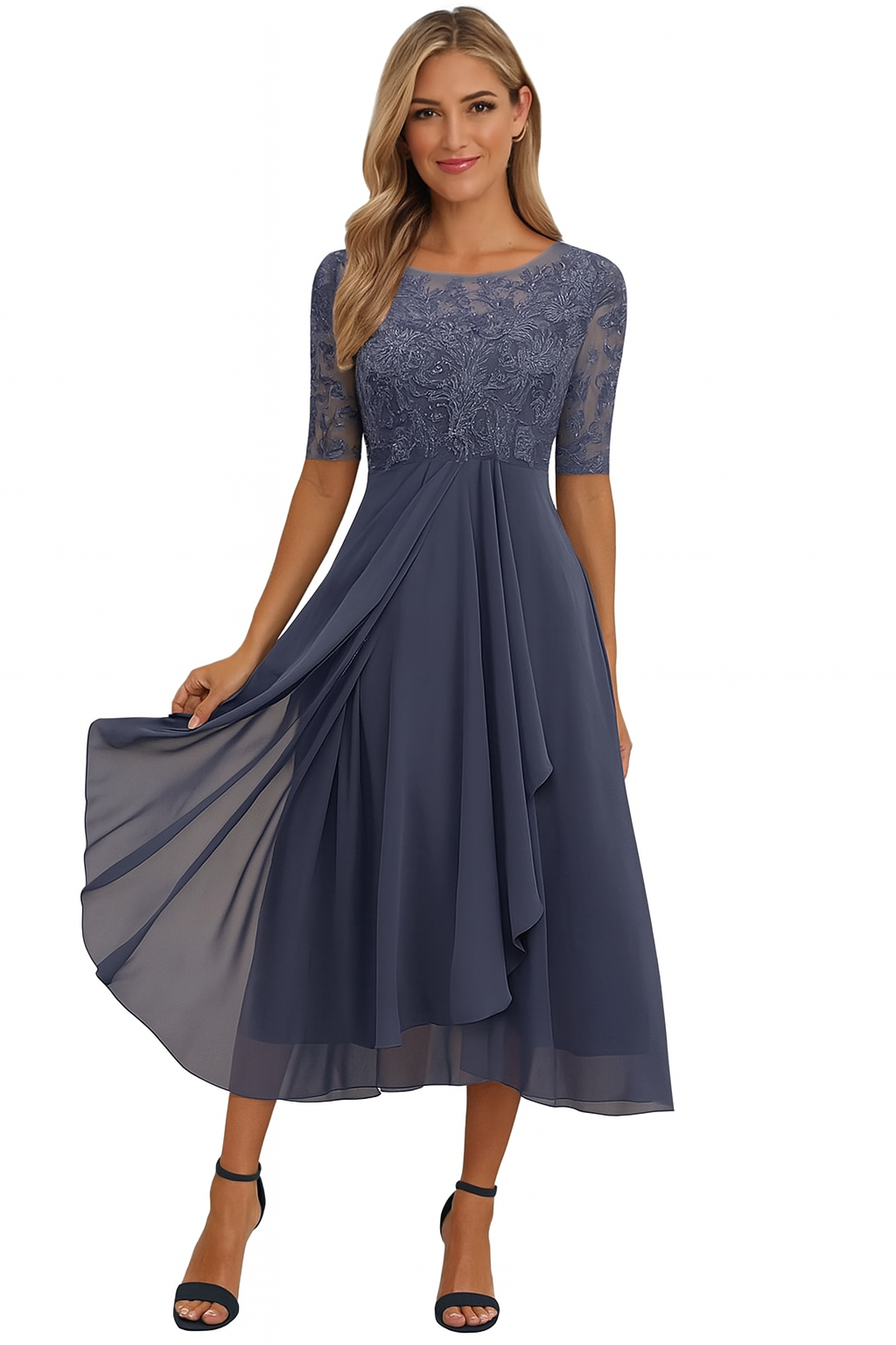 Vera Women’s Lace Dress – Elegant Chiffon A-Line Midi Dress for Weddings & Parties